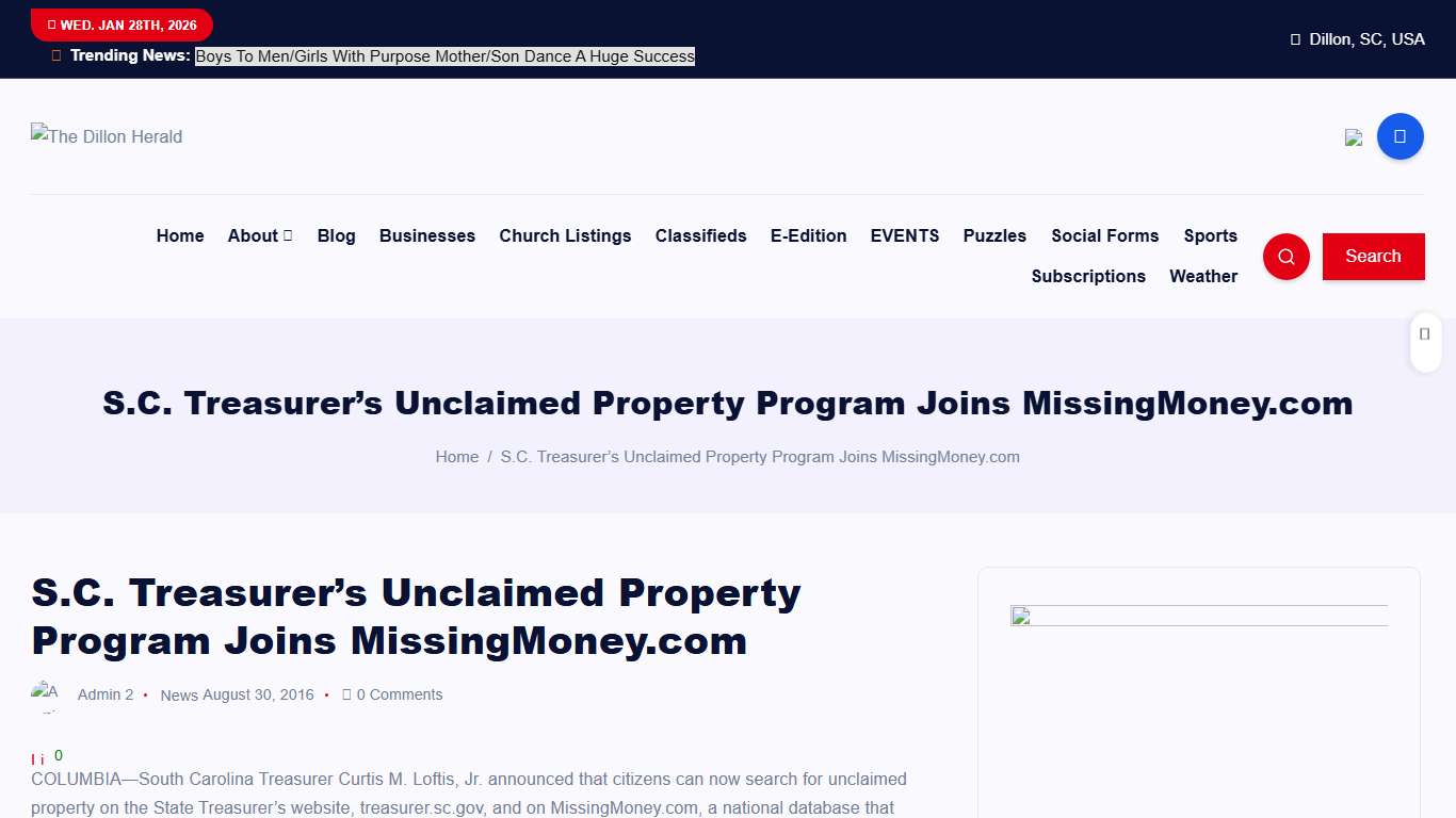 S.C. Treasurer’s Unclaimed Property Program Joins MissingMoney.com – The Dillon Herald