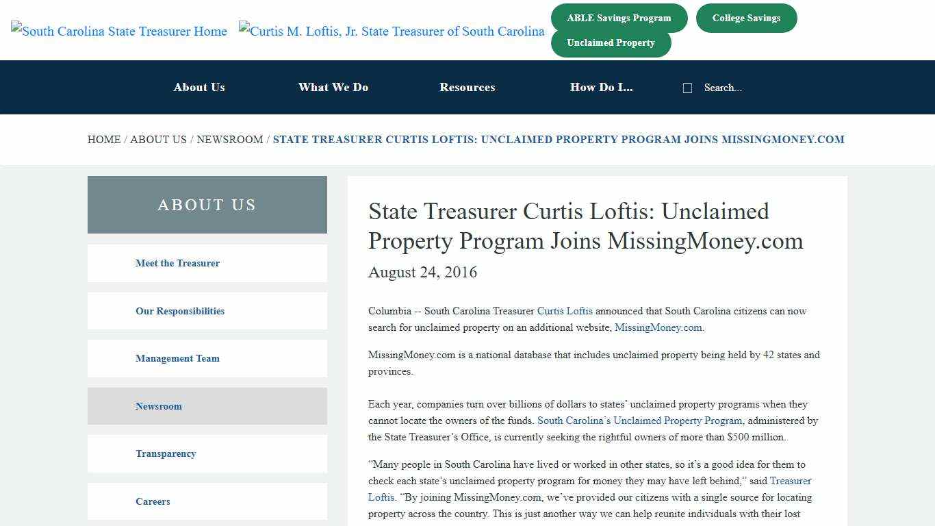 State Treasurer Curtis Loftis: Unclaimed Property Program Joins MissingMoney.com - SC Office of the State Treasurer