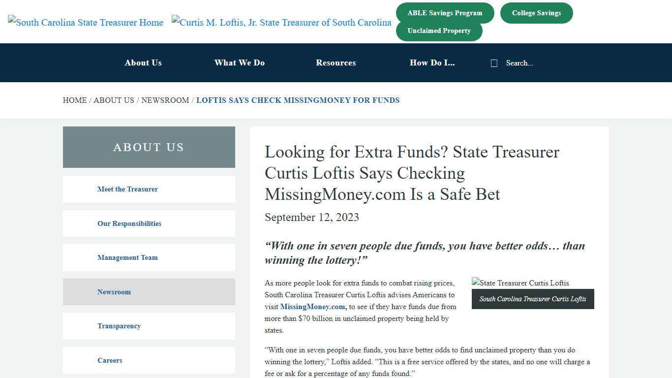 Looking for Extra Funds? State Treasurer Curtis Loftis Says Checking MissingMoney.com Is a Safe Bet - SC Office of the State Treasurer